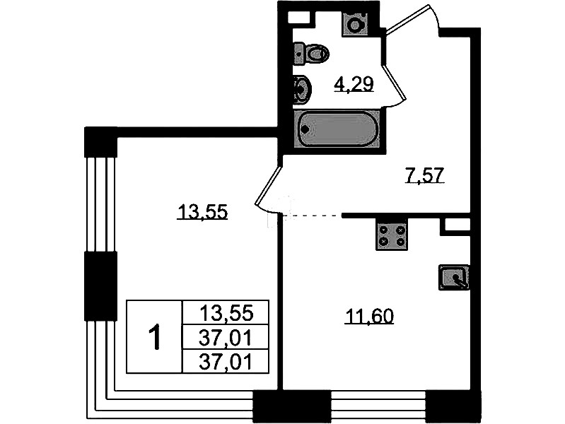 1-комнатная квартира 37.01 м², 2/5 эт., ЖК «Plus Пулковский»